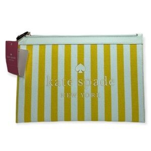 Kate Spade Women’s Yellow White Stripe Stone Large Zip Clutch Purse NWT